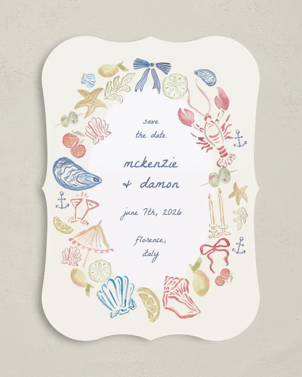 This is a 5" x 7" Save the Date Card called Positano Daydream printed in full color on Premium Smooth paper