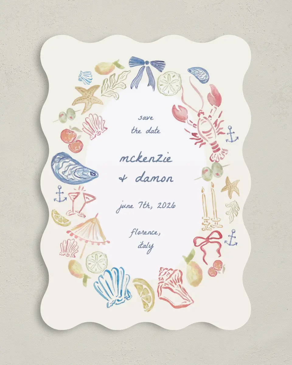 This is a 5" x 7" Save the Date Card called Positano Daydream printed in full color on Premium Smooth paper