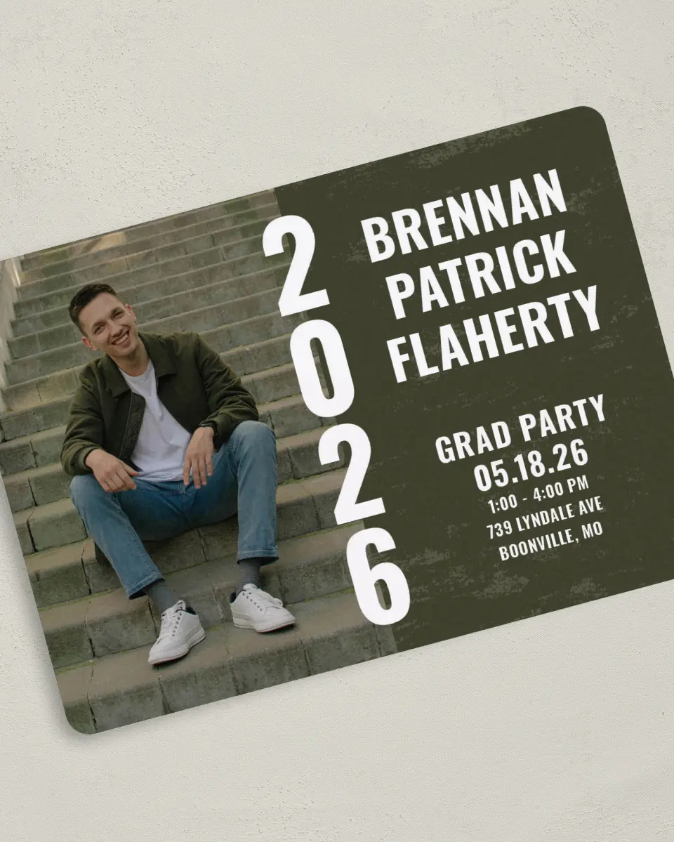 This is a 5" x 7" Graduation Announcement Card called Genuine Graduate printed in full color on Premium Smooth paper