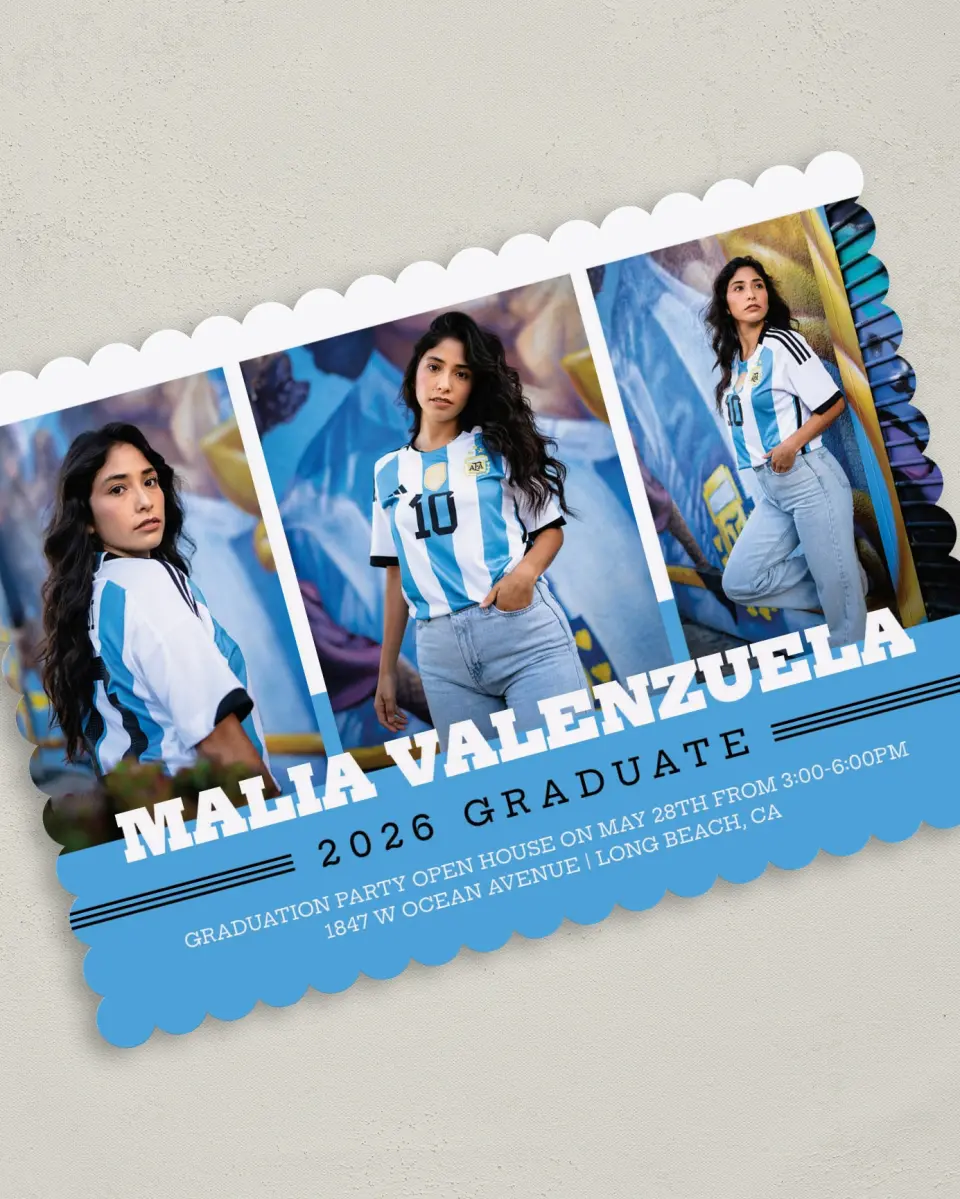This is a 5" x 7" Graduation Announcement Card called Sporty Spice printed in full color on Premium Smooth paper