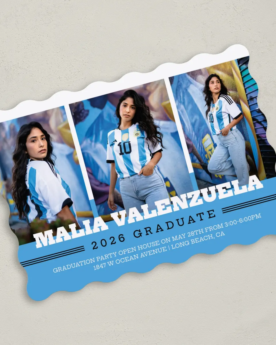 This is a 5" x 7" Graduation Announcement Card called Sporty Spice printed in full color on Premium Smooth paper