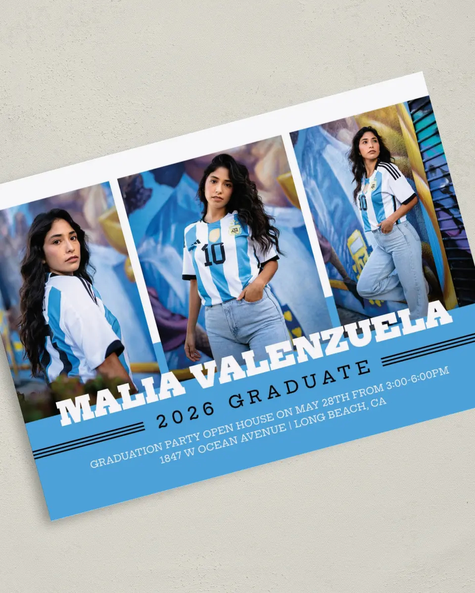 This is a 5" x 7" Graduation Announcement Card called Sporty Spice printed in full color on Premium Smooth paper