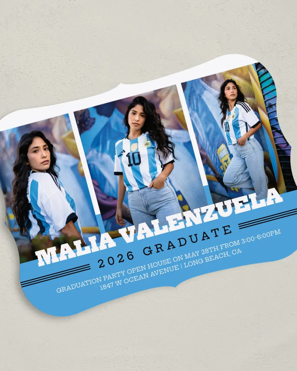 This is a 5" x 7" Graduation Announcement Card called Sporty Spice printed in full color on Premium Smooth paper