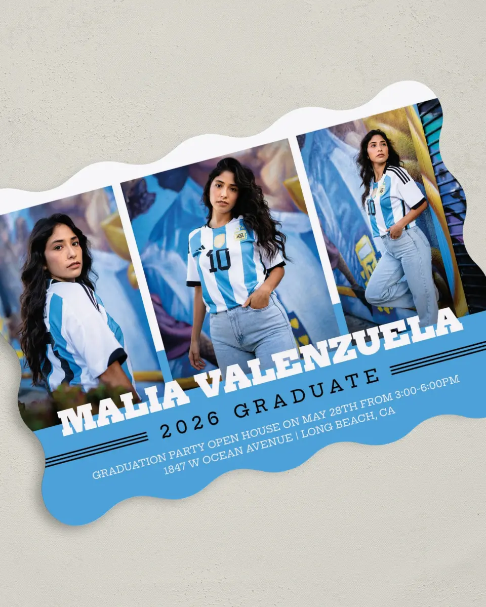 This is a 5" x 7" Graduation Announcement Card called Sporty Spice printed in full color on Premium Smooth paper
