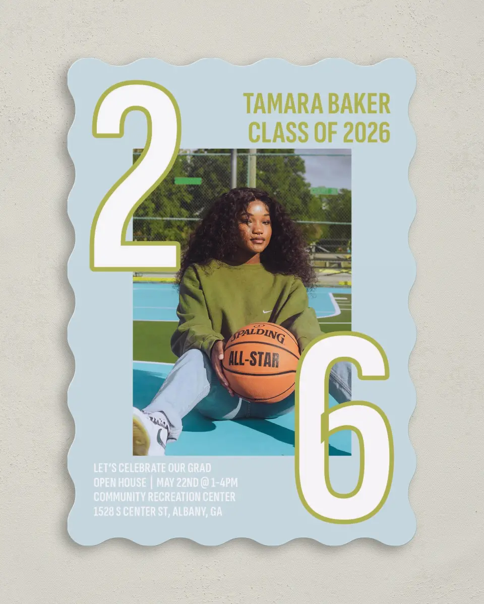 This is a 5" x 7" Graduation Announcement Card called Big Grad Energy printed in full color on Premium Smooth paper