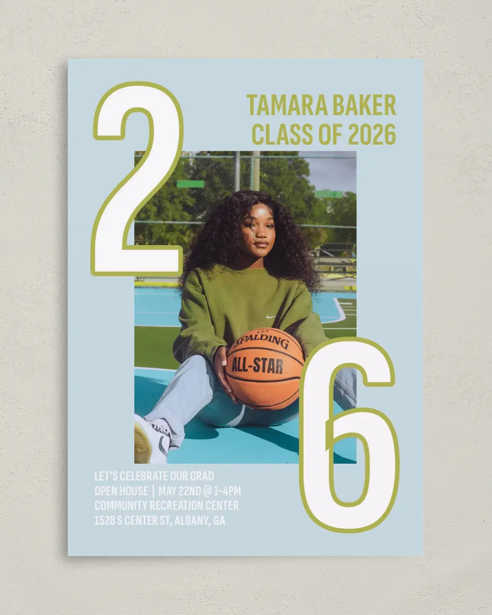 This is a 5" x 7" Graduation Announcement Card called Big Grad Energy printed in full color on Premium Smooth paper
