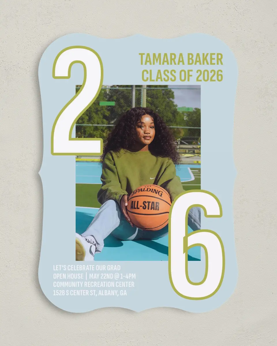 This is a 5" x 7" Graduation Announcement Card called Big Grad Energy printed in full color on Premium Smooth paper