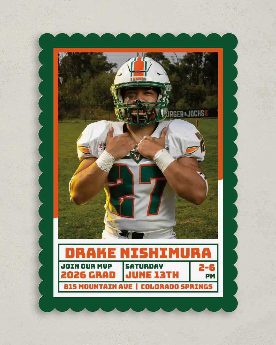 This is a 5" x 7" Graduation Announcement Card called MVP Grad printed in full color on Premium Smooth paper