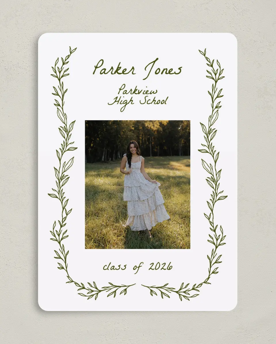 This is a 5" x 7" Graduation Announcement Card called Flourish & Thrive printed in full color on Premium Smooth paper