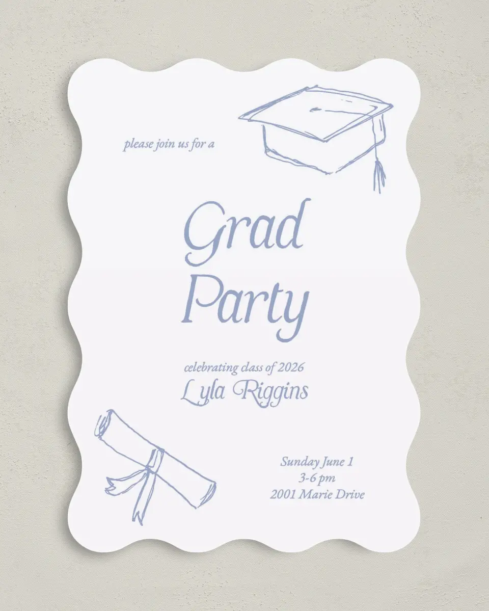 This is a 5" x 7" Graduation Announcement Card called Time to Party printed in full color on Premium Smooth paper
