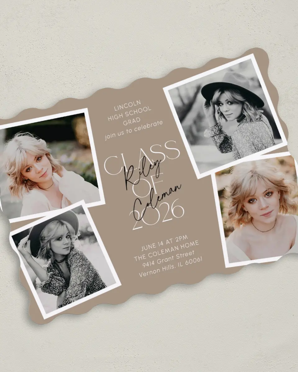 This is a 5" x 7" Graduation Announcement Card called Layered Snapshots printed in full color on Premium Smooth paper