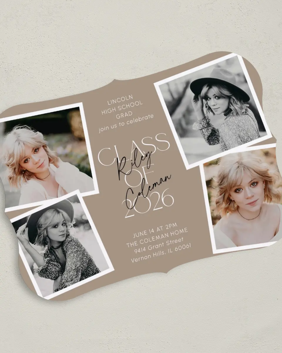 This is a 5" x 7" Graduation Announcement Card called Layered Snapshots printed in full color on Premium Smooth paper