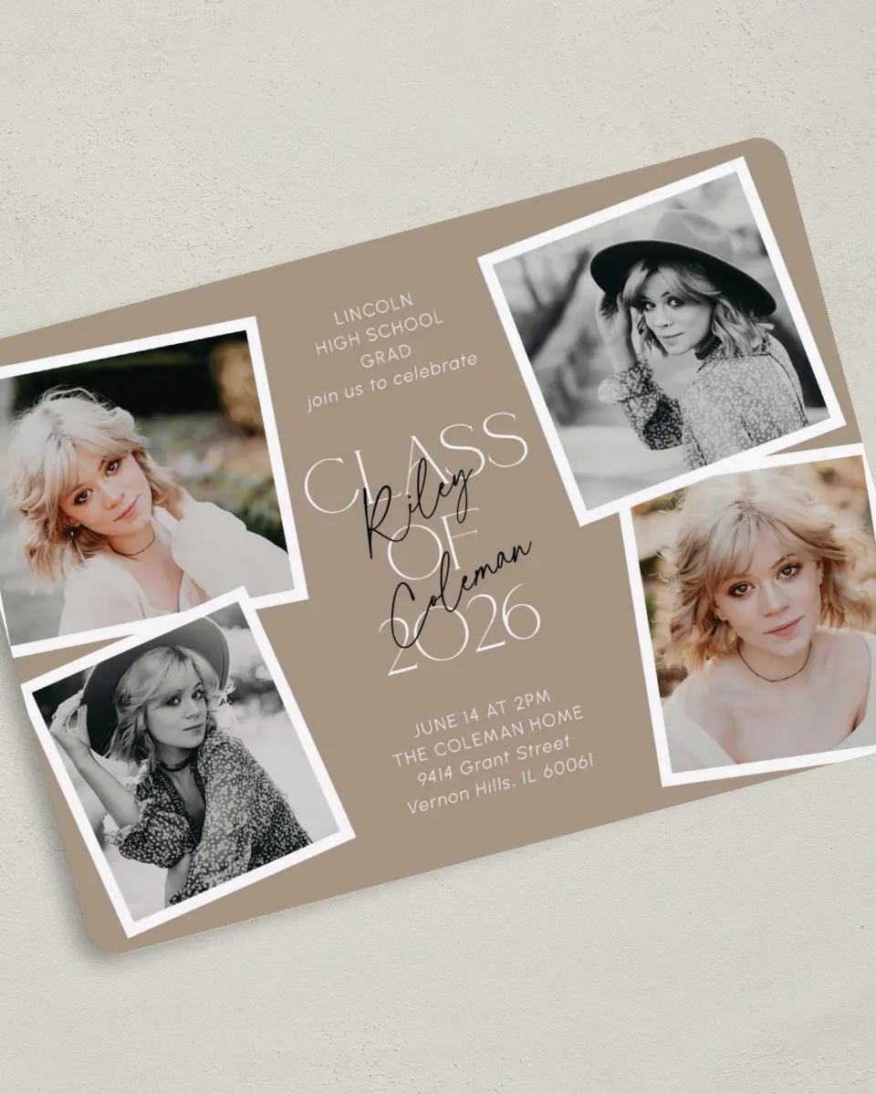 This is a 5" x 7" Graduation Announcement Card called Layered Snapshots printed in full color on Premium Smooth paper