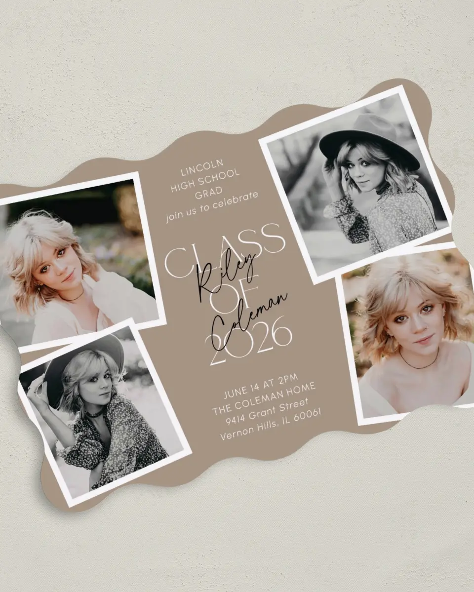 This is a 5" x 7" Graduation Announcement Card called Layered Snapshots printed in full color on Premium Smooth paper
