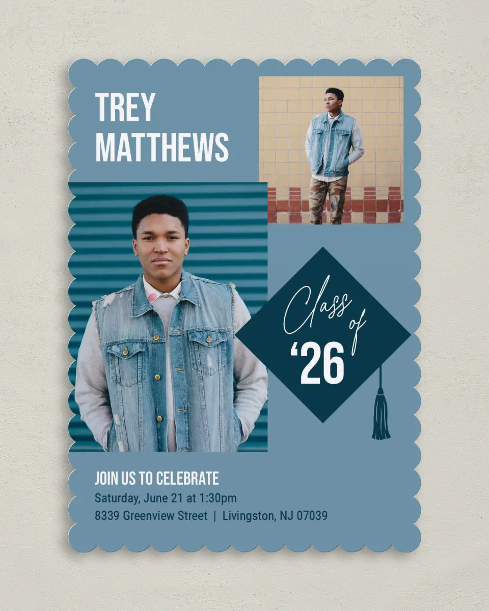 This is a 5" x 7" Graduation Announcement Card called Scholarly Style printed in full color on Premium Smooth paper