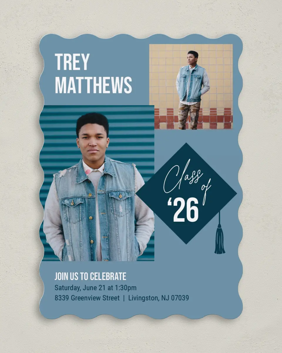 This is a 5" x 7" Graduation Announcement Card called Scholarly Style printed in full color with Silver foil on Luxe Satin (coated) paper