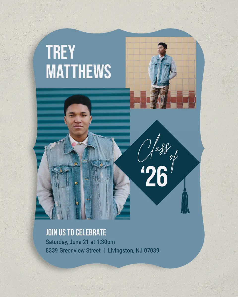 This is a 5" x 7" Graduation Announcement Card called Scholarly Style printed in full color on Premium Smooth paper