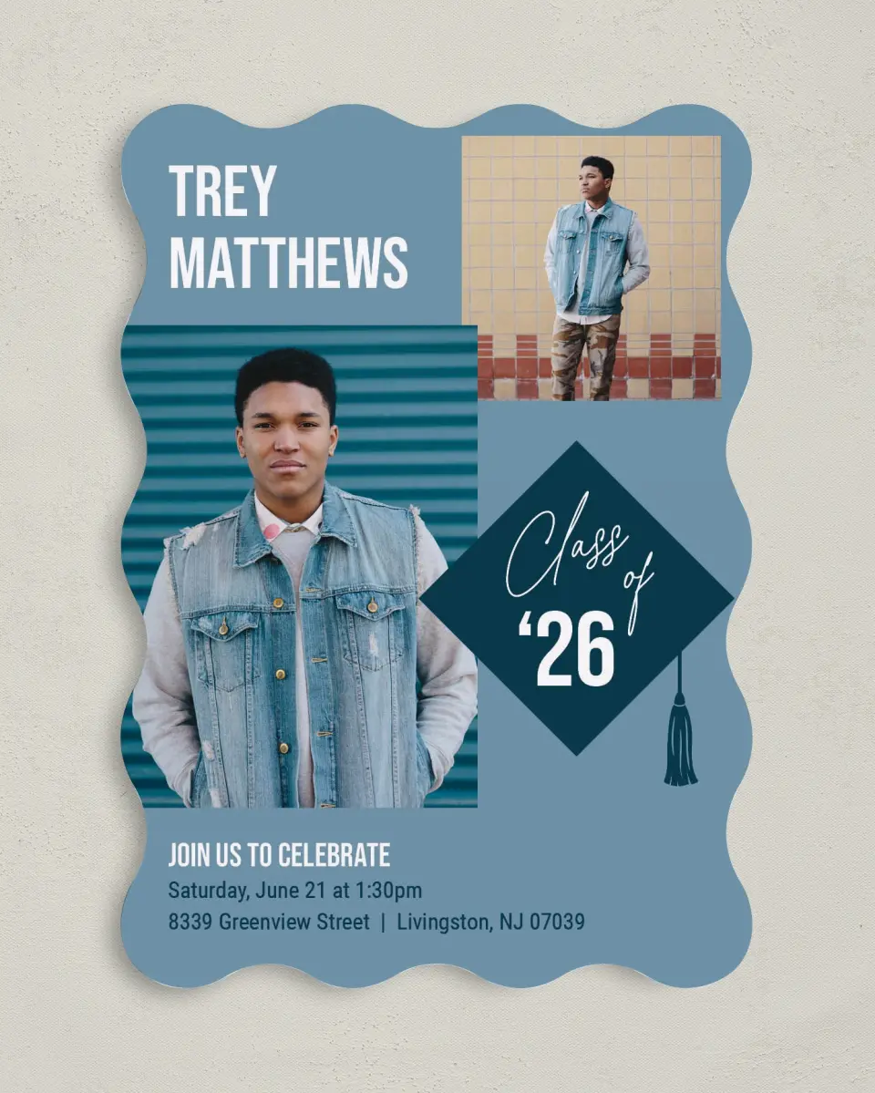 This is a 5" x 7" Graduation Announcement Card called Scholarly Style printed in full color on Premium Smooth paper