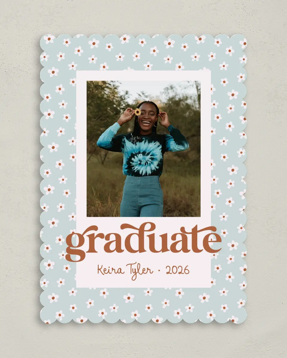 This is a 5" x 7" Graduation Announcement Card called Demure Daisies printed in full color on Premium Smooth paper