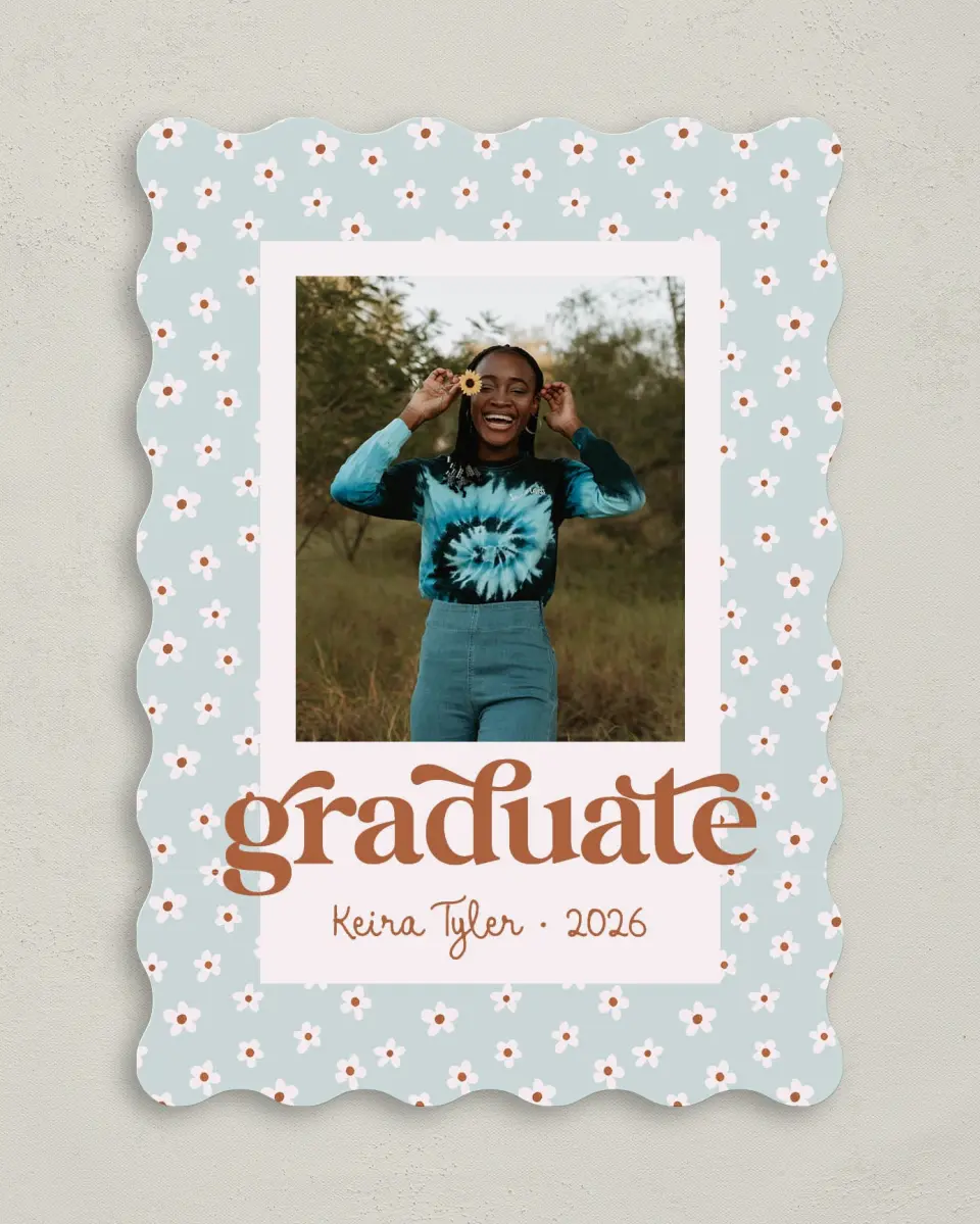 This is a 5" x 7" Graduation Announcement Card called Demure Daisies printed in full color on Premium Smooth paper