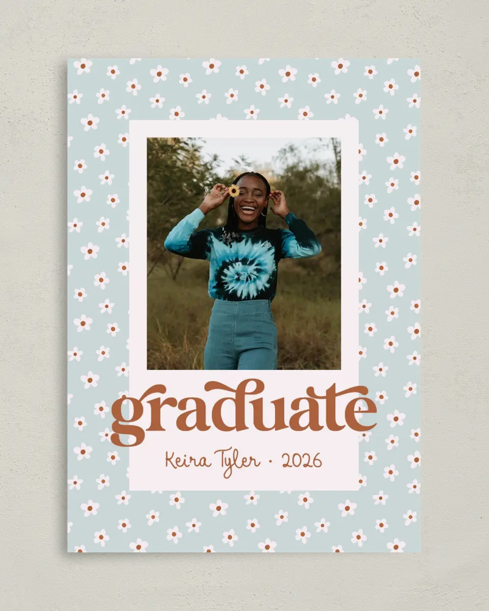 This is a 5" x 7" Graduation Announcement Card called Demure Daisies printed in full color on Premium Smooth paper