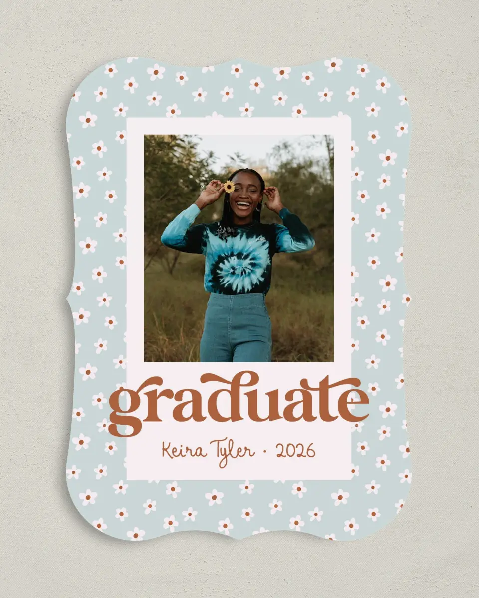 This is a 5" x 7" Graduation Announcement Card called Demure Daisies printed in full color on Premium Smooth paper