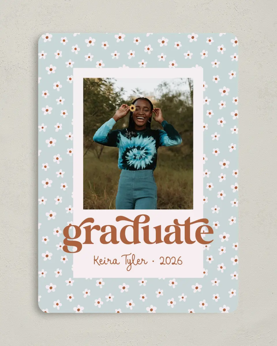 This is a 5" x 7" Graduation Announcement Card called Demure Daisies printed in full color on Premium Smooth paper