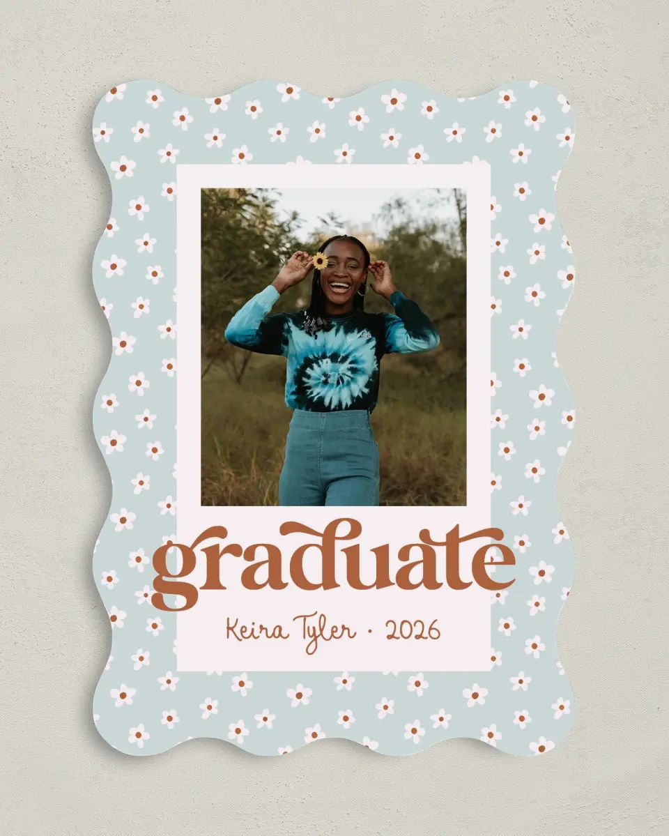 This is a 5" x 7" Graduation Announcement Card called Demure Daisies printed in full color on Premium Smooth paper