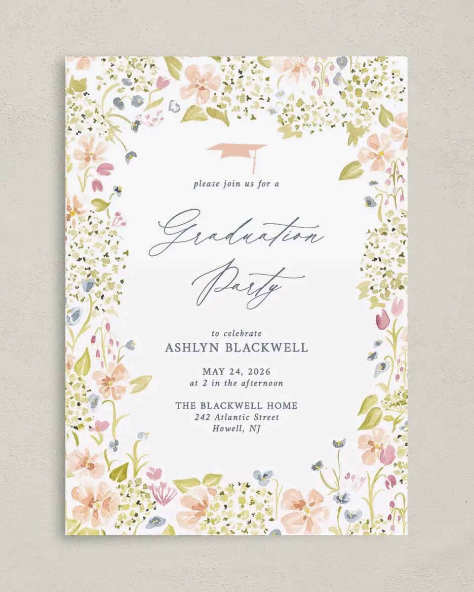 This is a 5" x 7" Graduation Announcement Card called Blooming Bright printed in full color on Premium Smooth paper