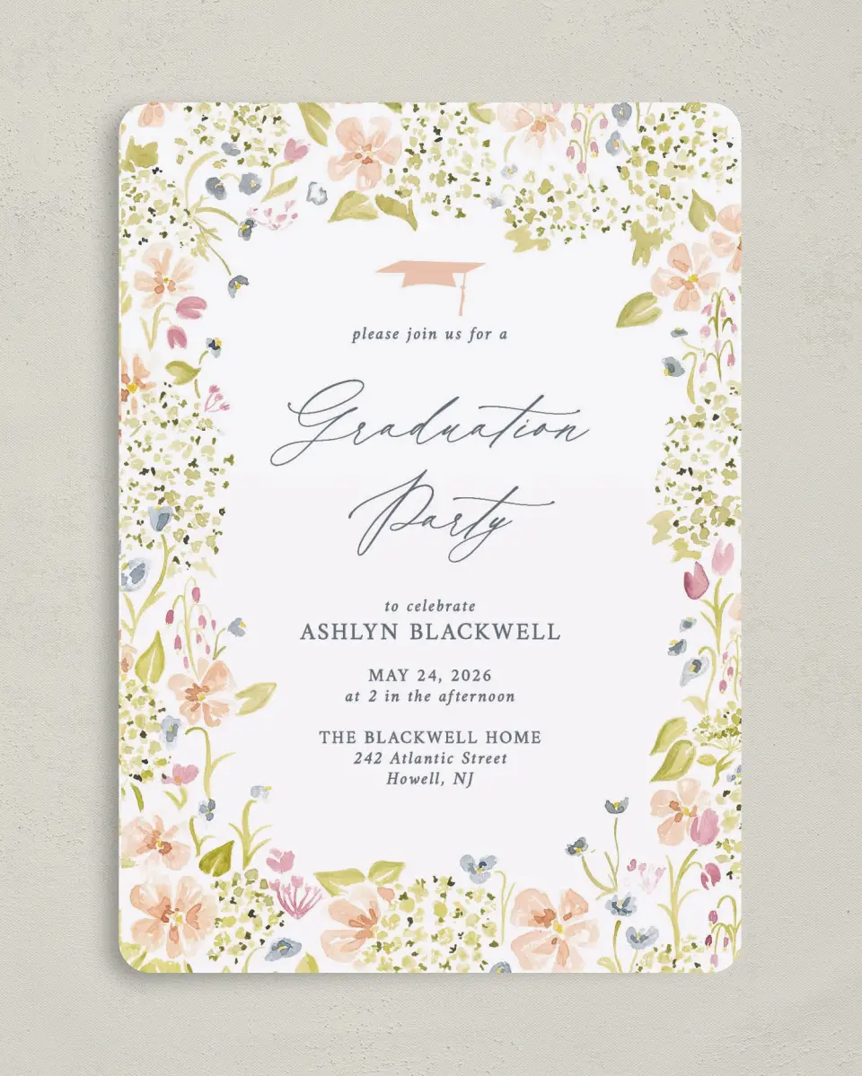 This is a 5" x 7" Graduation Announcement Card called Blooming Bright printed in full color on Premium Smooth paper