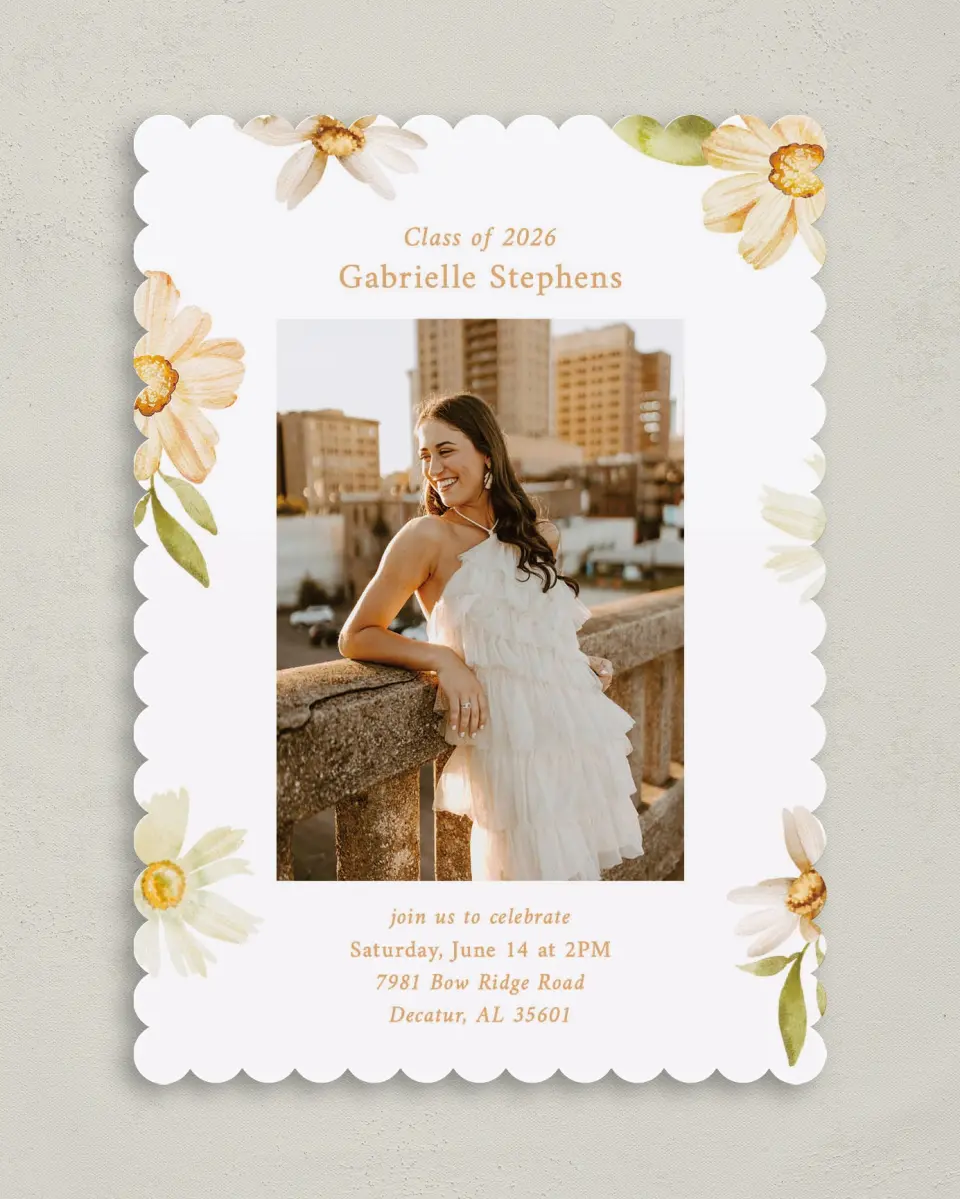 This is a 5" x 7" Graduation Announcement Card called Sunny Blooms printed in full color on Premium Smooth paper