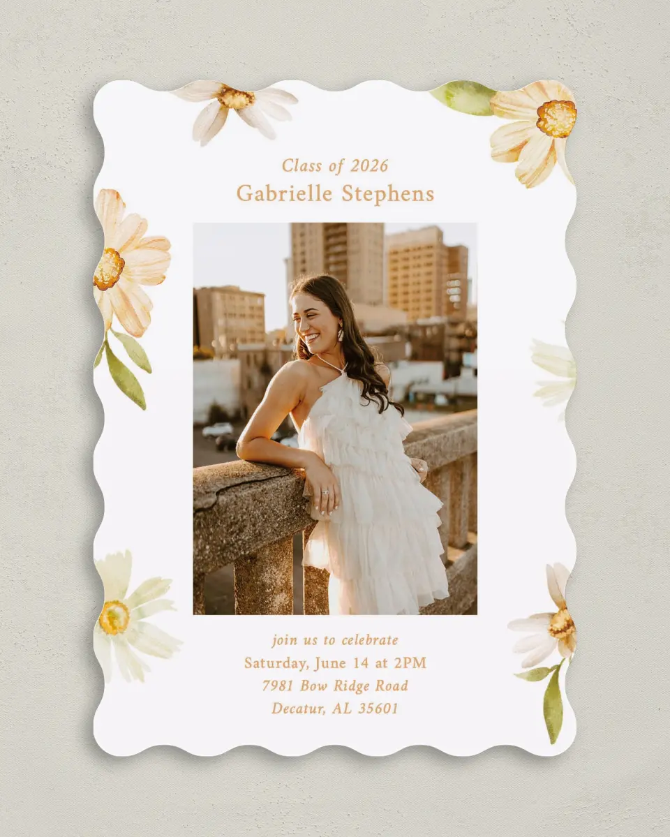This is a 5" x 7" Graduation Announcement Card called Sunny Blooms printed in full color on Premium Smooth paper
