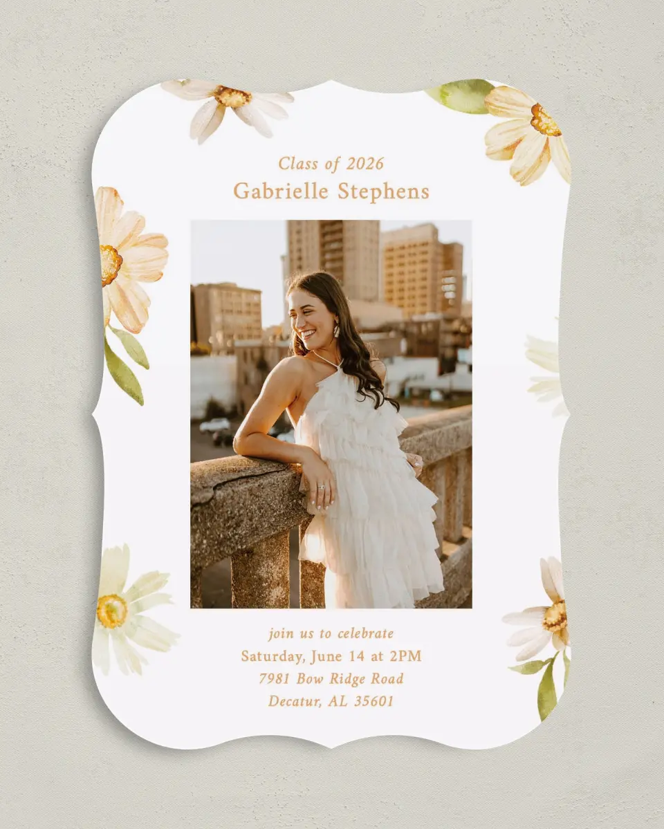 This is a 5" x 7" Graduation Announcement Card called Sunny Blooms printed in full color on Premium Smooth paper