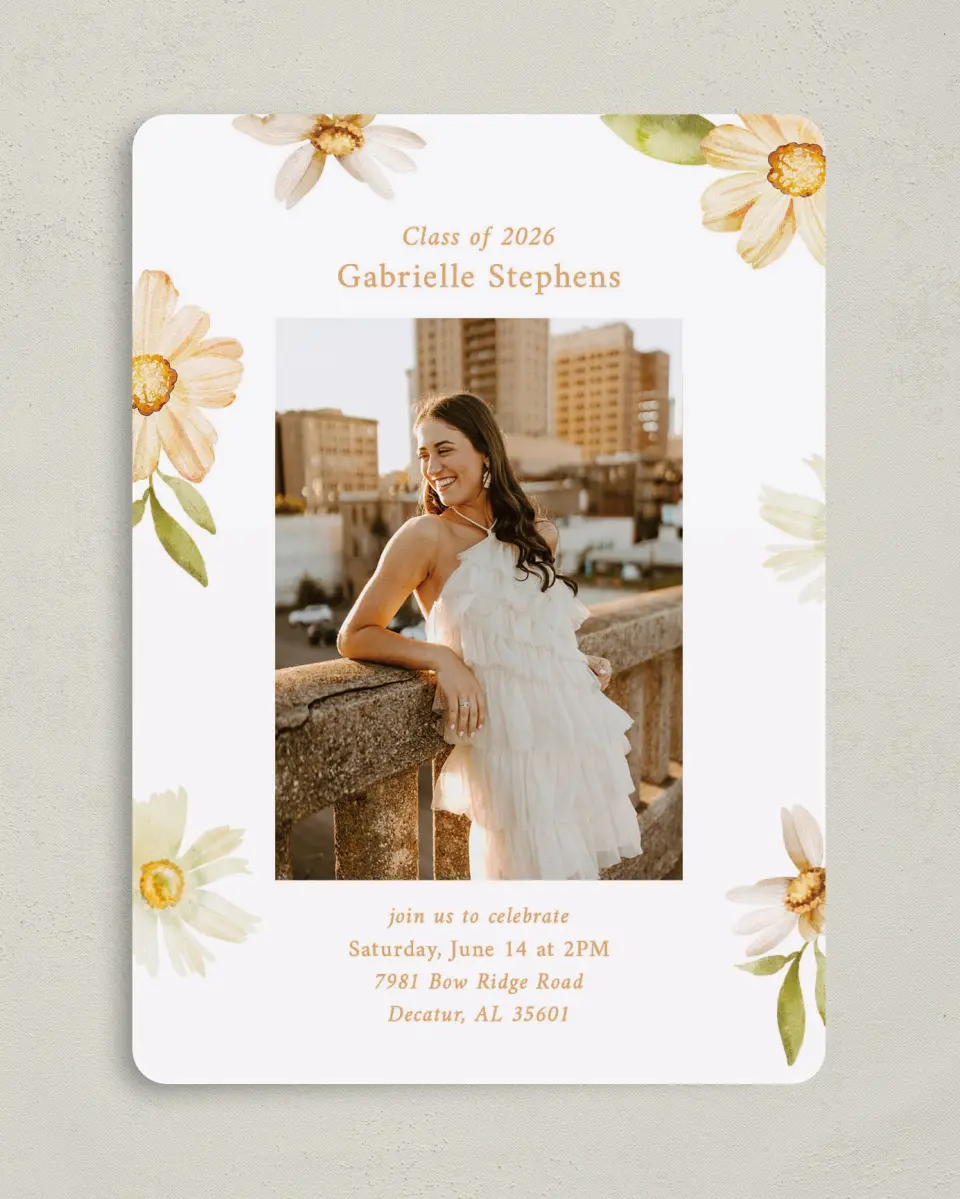 This is a 5" x 7" Graduation Announcement Card called Sunny Blooms printed in full color on Premium Smooth paper