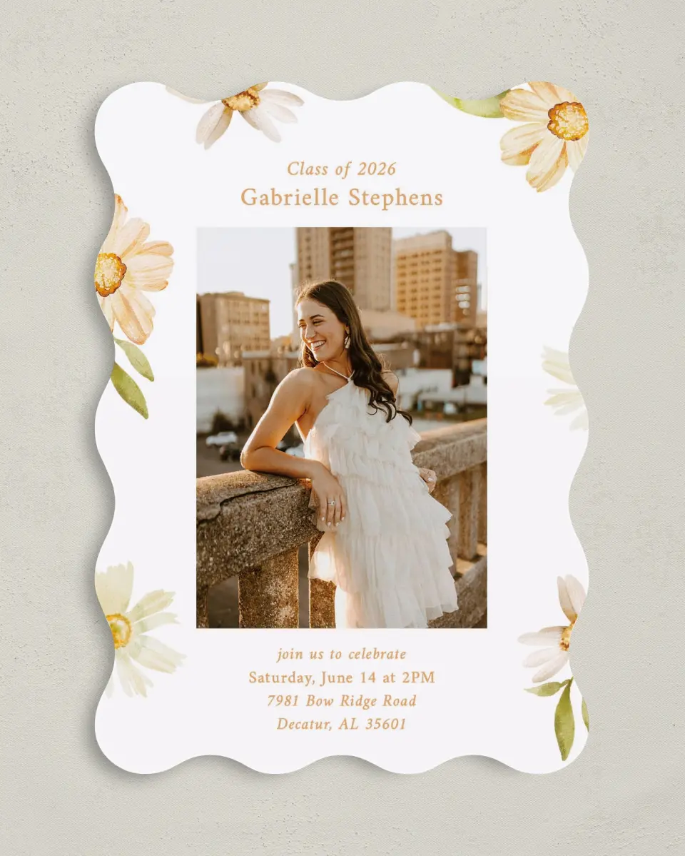 This is a 5" x 7" Graduation Announcement Card called Sunny Blooms printed in full color on Premium Smooth paper