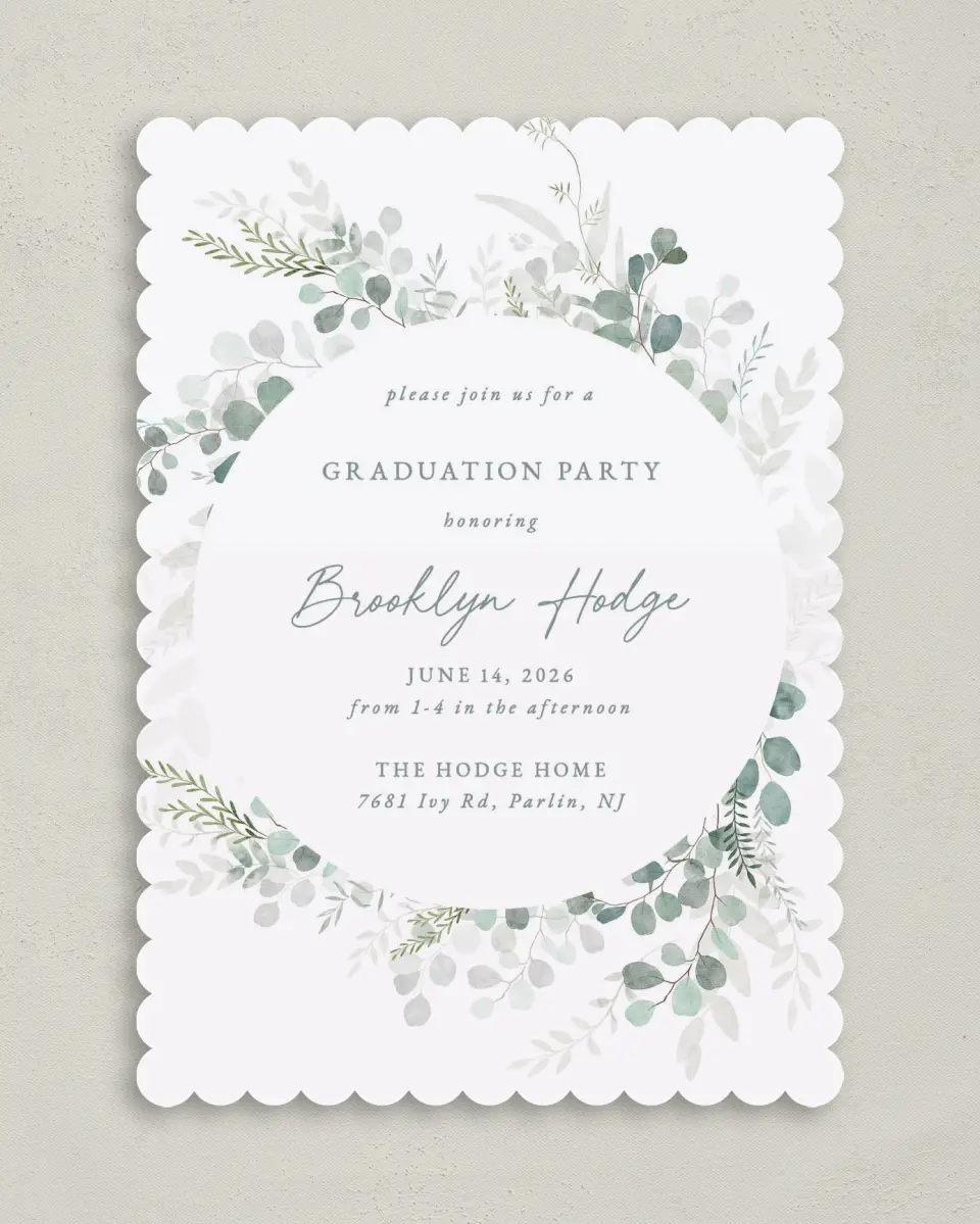 This is a 5" x 7" Graduation Announcement Card called Grad Greenery printed in full color on Premium Smooth paper