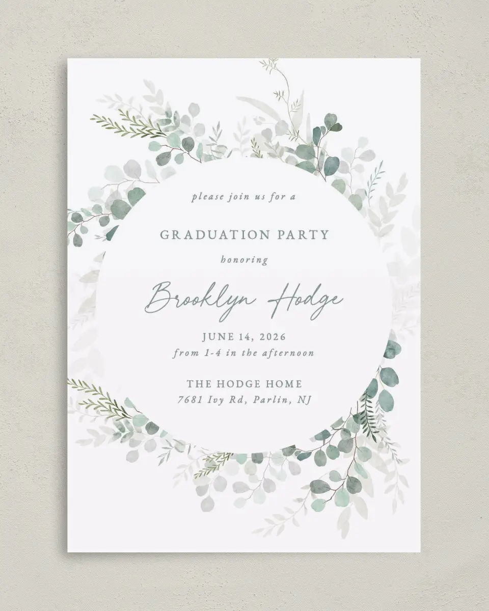 This is a 5" x 7" Graduation Announcement Card called Grad Greenery printed in full color on Premium Smooth paper