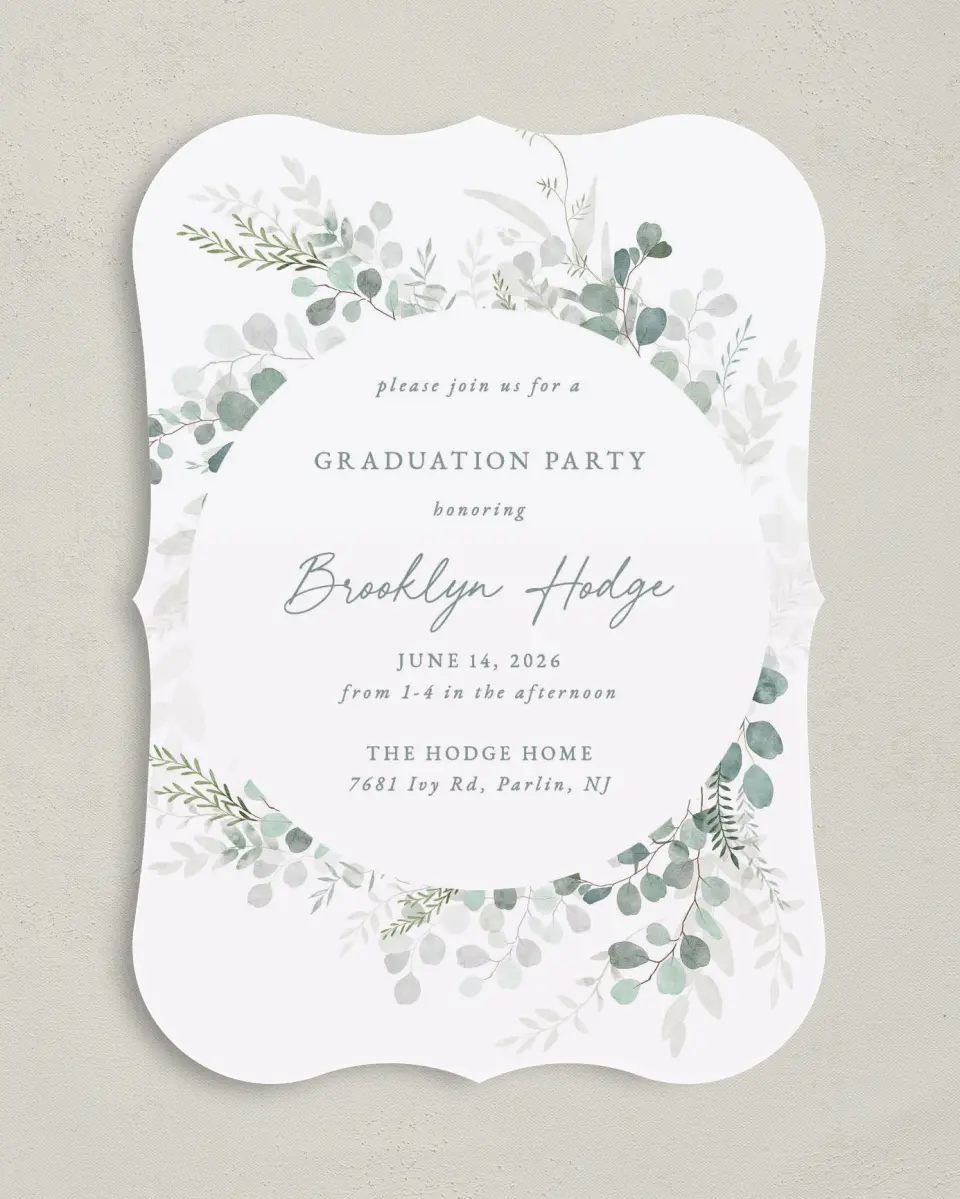 This is a 5" x 7" Graduation Announcement Card called Grad Greenery printed in full color on Premium Smooth paper
