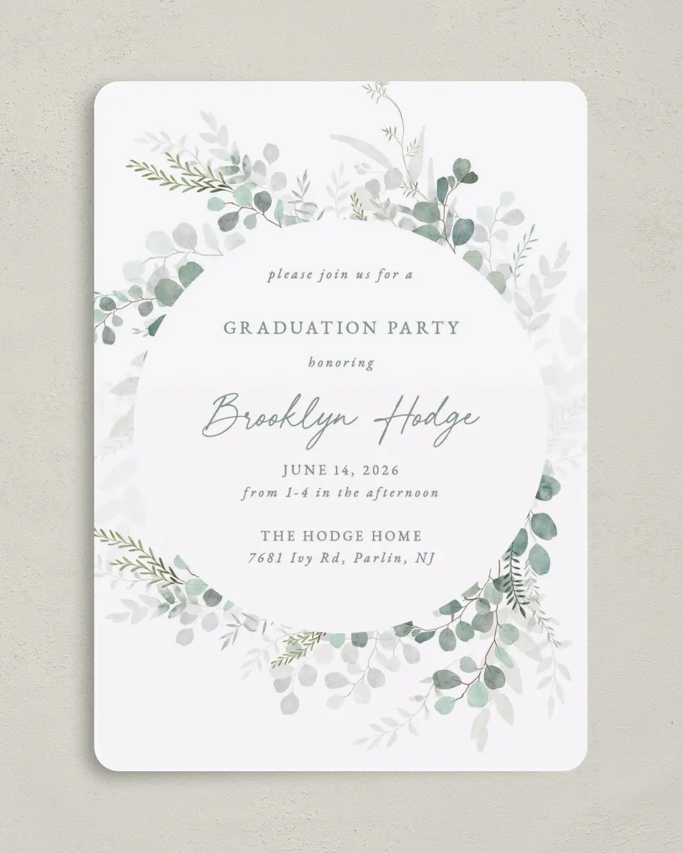 This is a 5" x 7" Graduation Announcement Card called Grad Greenery printed in full color on Premium Smooth paper