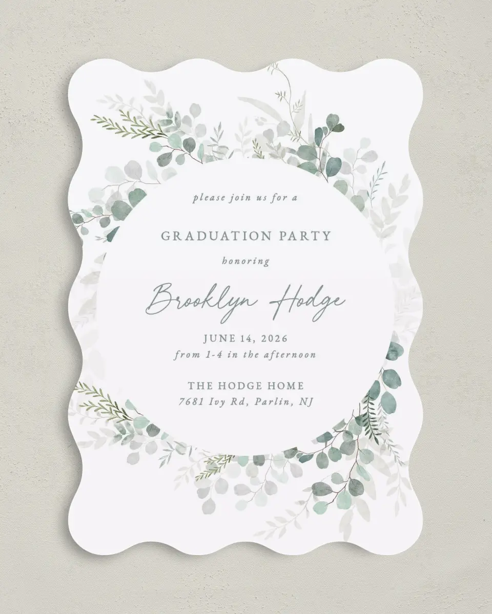 This is a 5" x 7" Graduation Announcement Card called Grad Greenery printed in full color on Premium Smooth paper