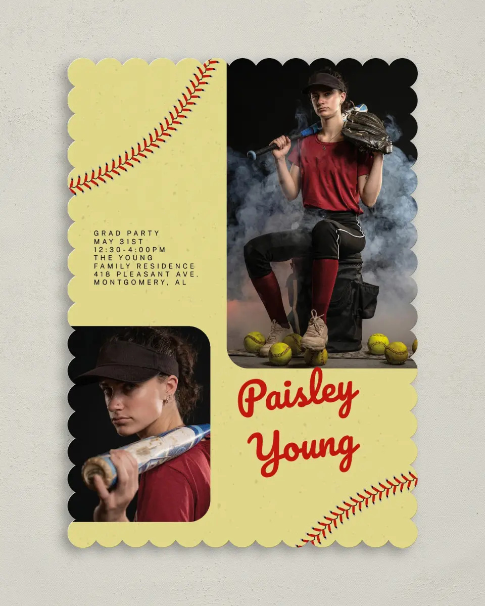 This is a 5" x 7" Graduation Announcement Card called Softball Slugger printed in full color on Premium Smooth paper