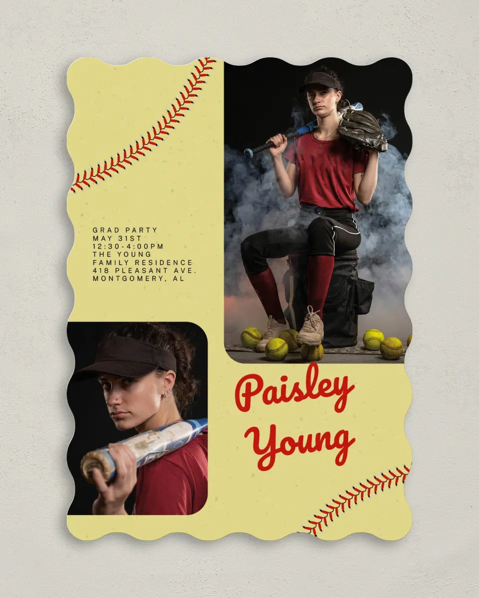 This is a 5" x 7" Graduation Announcement Card called Softball Slugger printed in full color on Premium Smooth paper