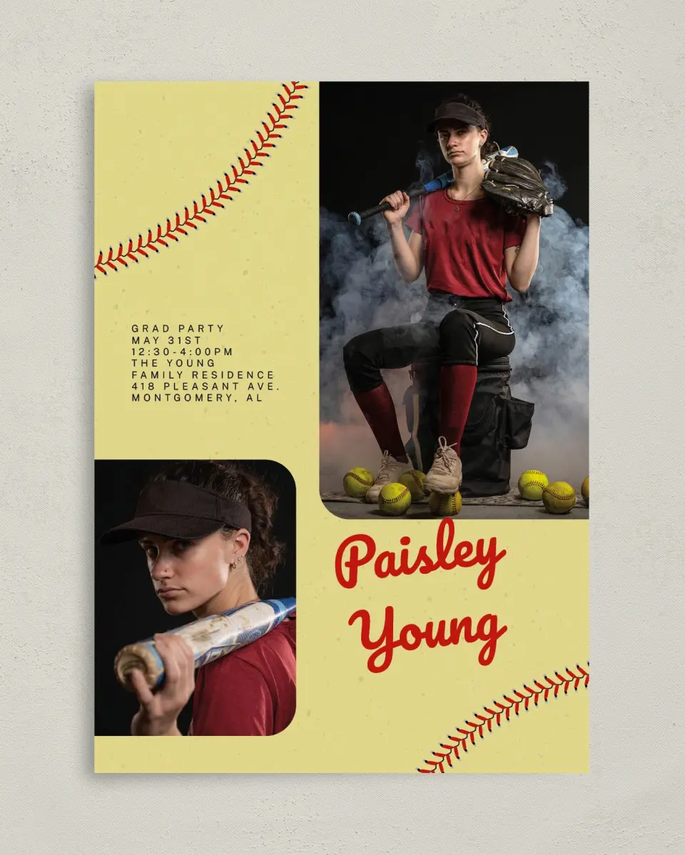 This is a 5" x 7" Graduation Announcement Card called Softball Slugger printed in full color on Premium Smooth paper