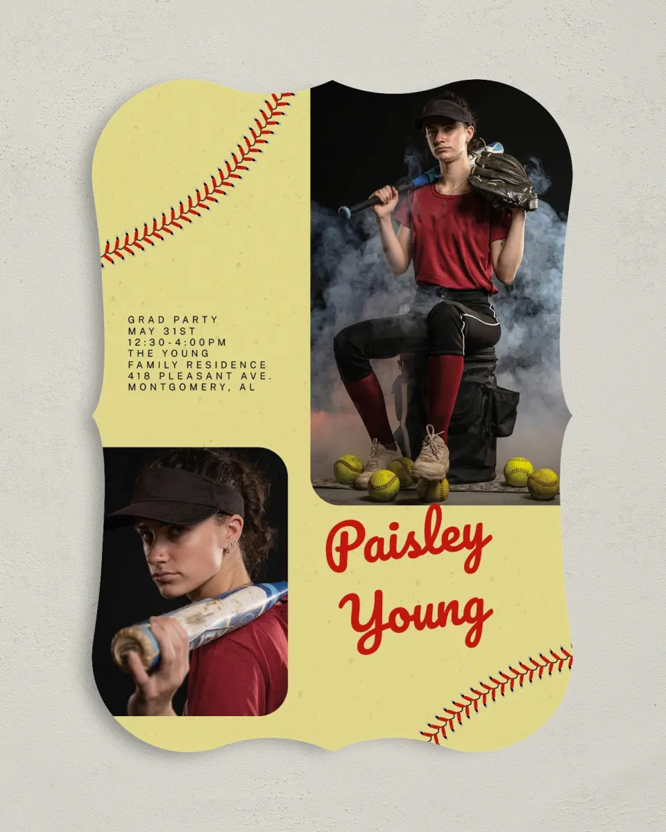 This is a 5" x 7" Graduation Announcement Card called Softball Slugger printed in full color on Premium Smooth paper