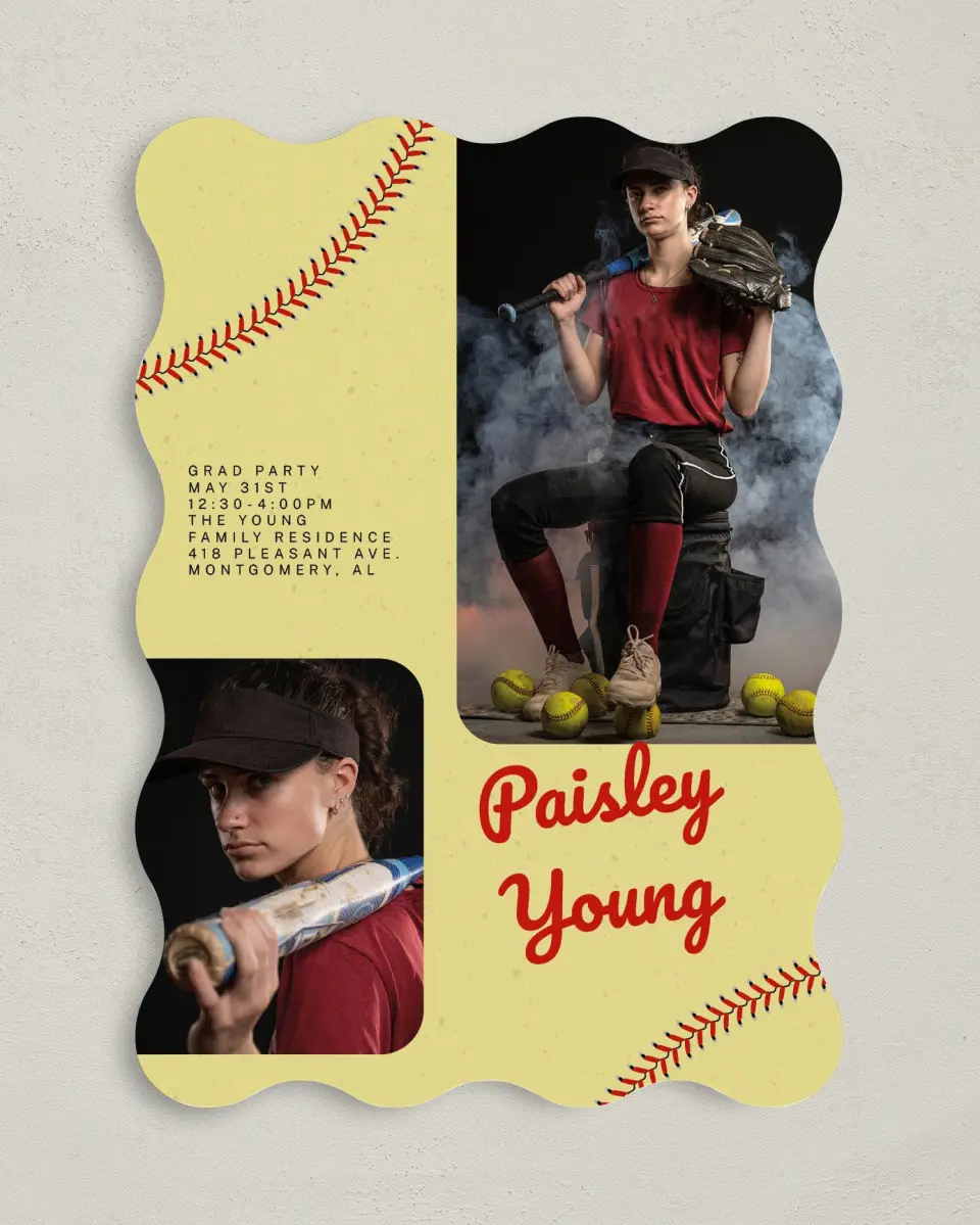 This is a 5" x 7" Graduation Announcement Card called Softball Slugger printed in full color on Premium Smooth paper