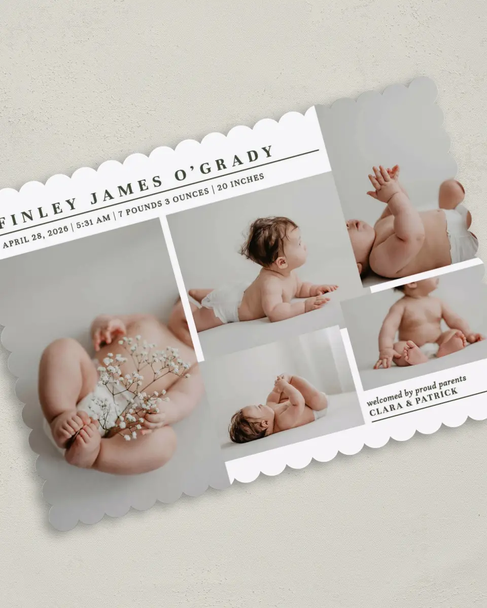 This is a 5" x 7" Birth Announcement Card called Minimalist Munchkin printed in full color with Silver foil on Luxe Satin (coated) paper