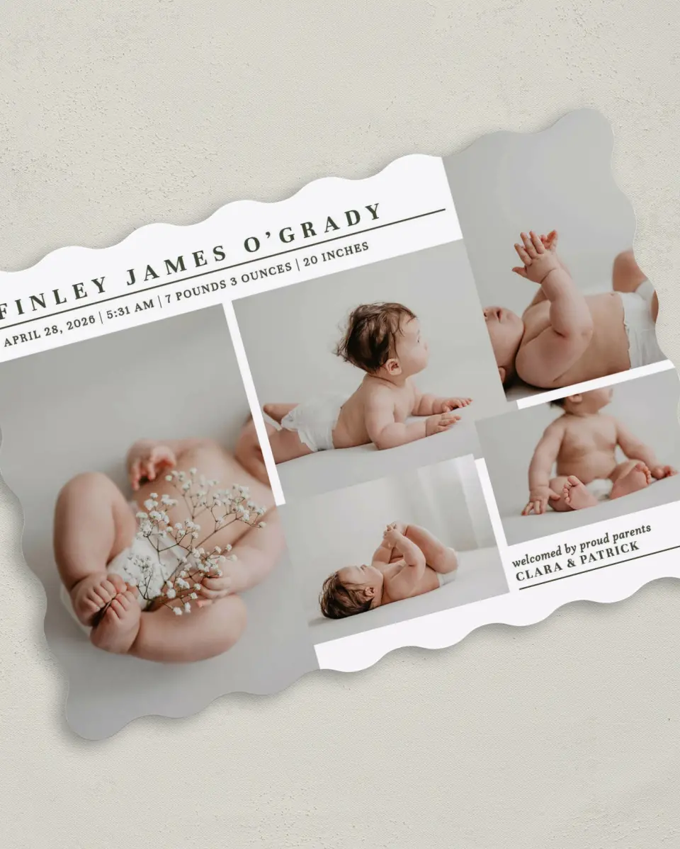 This is a 5" x 7" Birth Announcement Card called Minimalist Munchkin printed in full color on Premium Smooth paper