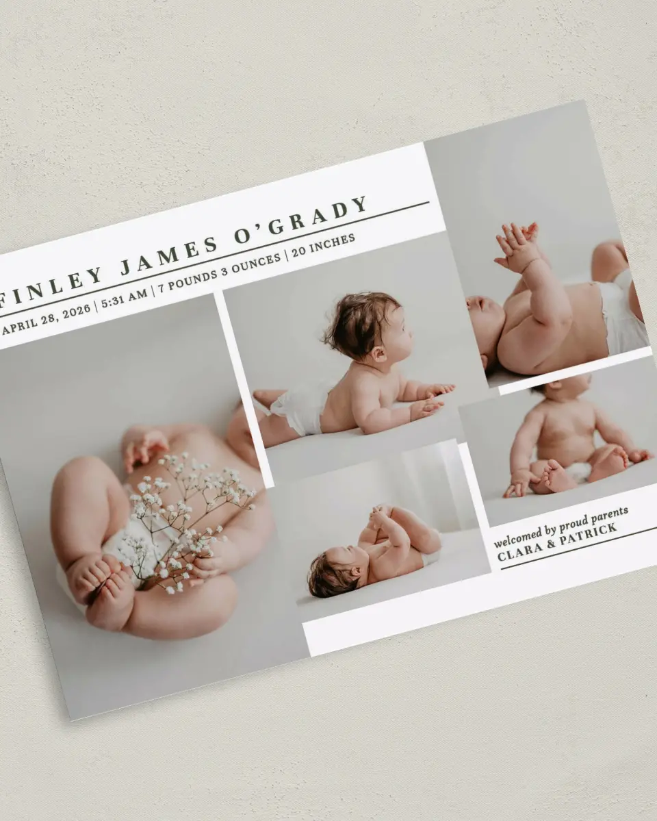 This is a 5" x 7" Birth Announcement Card called Minimalist Munchkin printed in full color on Premium Smooth paper