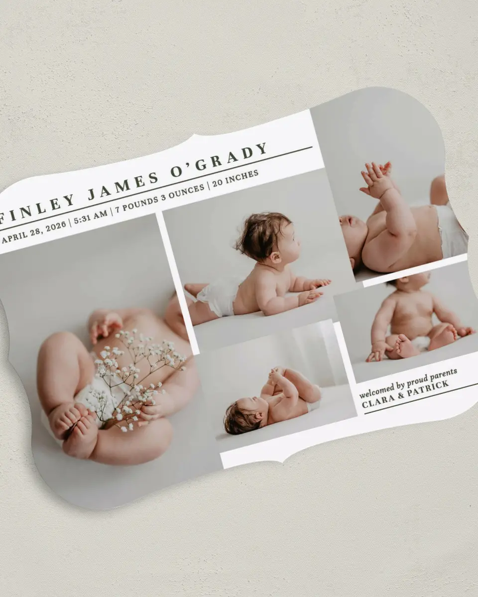 This is a 5" x 7" Birth Announcement Card called Minimalist Munchkin printed in full color on Premium Smooth paper