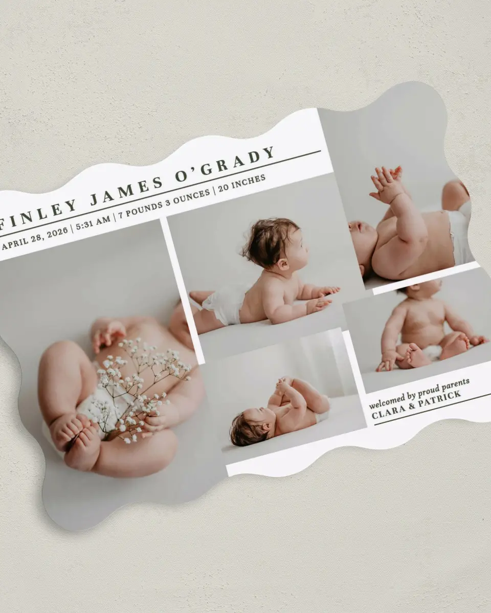 This is a 5" x 7" Birth Announcement Card called Minimalist Munchkin printed in full color on Premium Smooth paper
